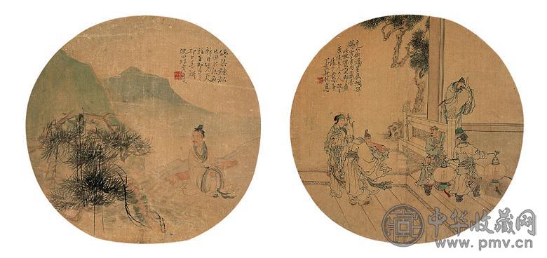 倪田 葛尊 人物 扇面(2开) 设色绢本