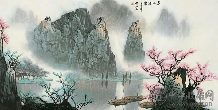 白雪石 2002年 春山泛舟图 立轴 设色纸本