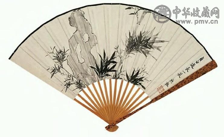 叶恭绰 修篁湖石图并行书七言诗 扇面 水墨纸本