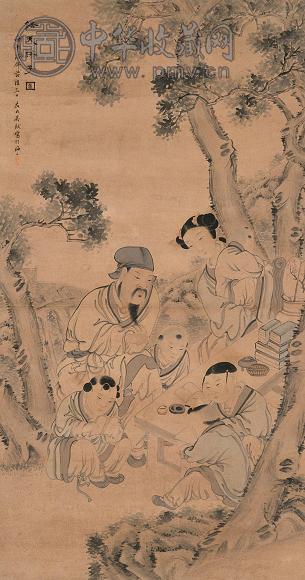 吴友如 壬午(1882年)作 绿天课子图 立轴 设色纸本