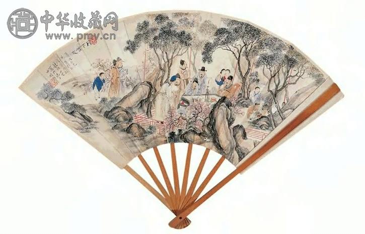 吴青霞 1948年作 月下会友 扇面 设色纸本