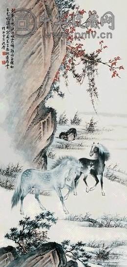 殷梓湘 双骏图 立轴 水墨纸本