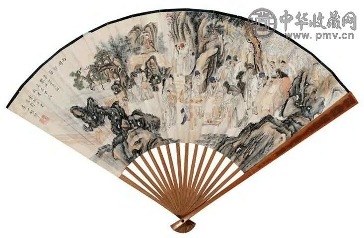 吴青霞 1934年作 西园雅集、行书 成扇 纸本设色