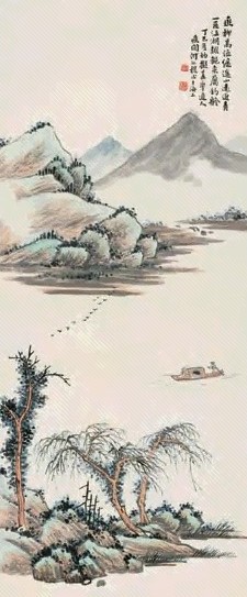 何汝穆 柳岸钓艇图立轴设色纸本