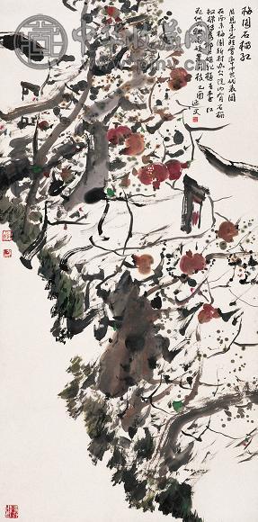 杨延文 乙酉(2005年)作 梅园石榴红 镜心 设色纸本