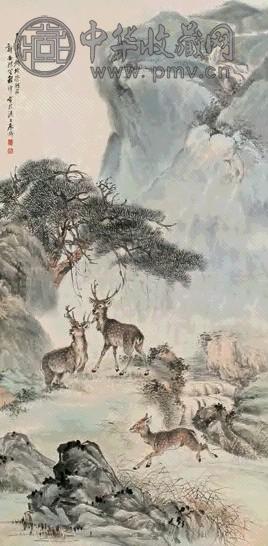 程璋 1919年作 三鹿图 立轴 设色纸本