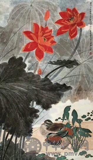 张大千 1945年作 红荷双侣 立轴 设色纸本