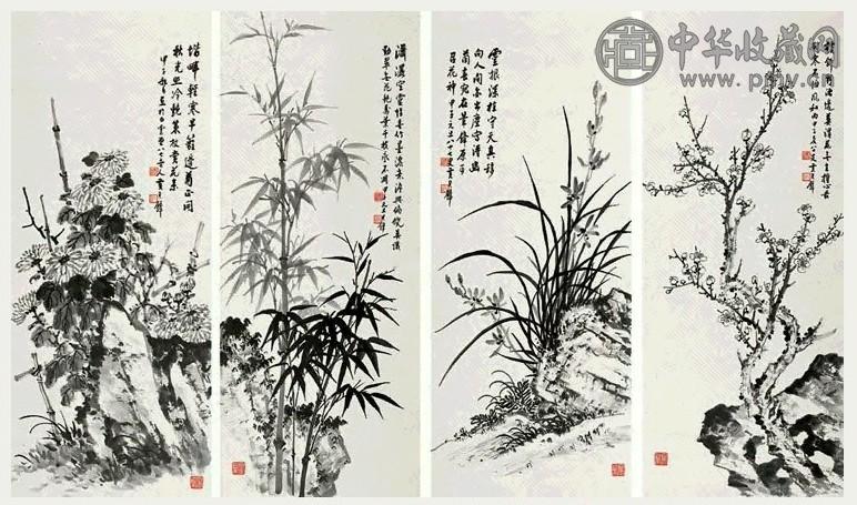 近现代 黄君璧 梅兰竹菊 四屏