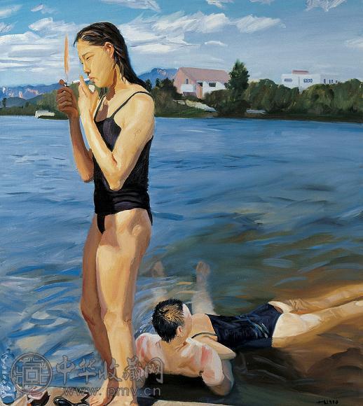 刘小东 1998年作 水上抽烟 布上油画