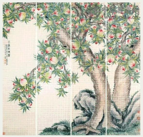金城 百桃献寿通景 四屏