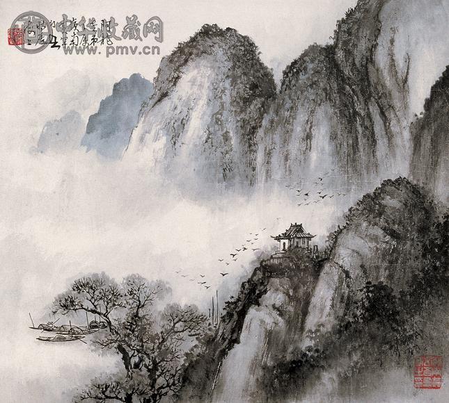 黄幻吾 晚亭归鸟图 水墨纸本