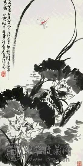 许麟庐 蜻蜓荷花 镜心 设色纸本