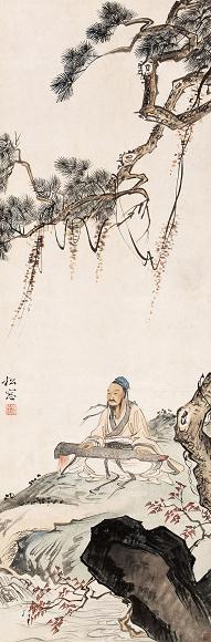 溥佺 松下抚琴 立轴 纸本