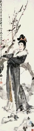 颜梅华 1979年作 夜雪赏梅 立轴 设色纸本