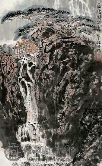 龙瑞 1983年作 飞瀑图 立轴 设色纸本