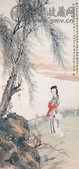 沈广 甲戌(1934年)作 小立风前 立轴 设色纸本
