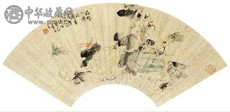 近现代 丁宝书 秋虫蔬果 扇面