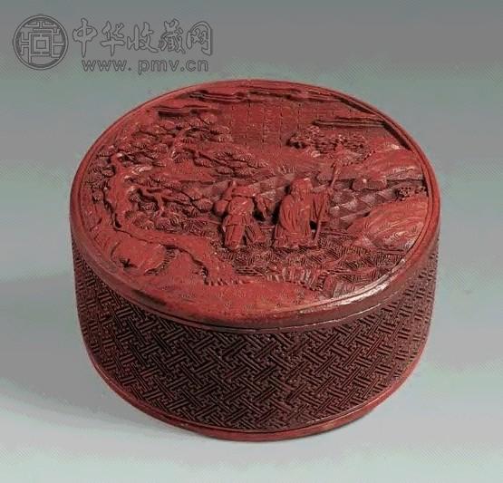 清乾隆 红剔红山水人物纹圆盖盒