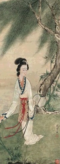 吴光宇 柳荫仕女 镜心 设色纸本