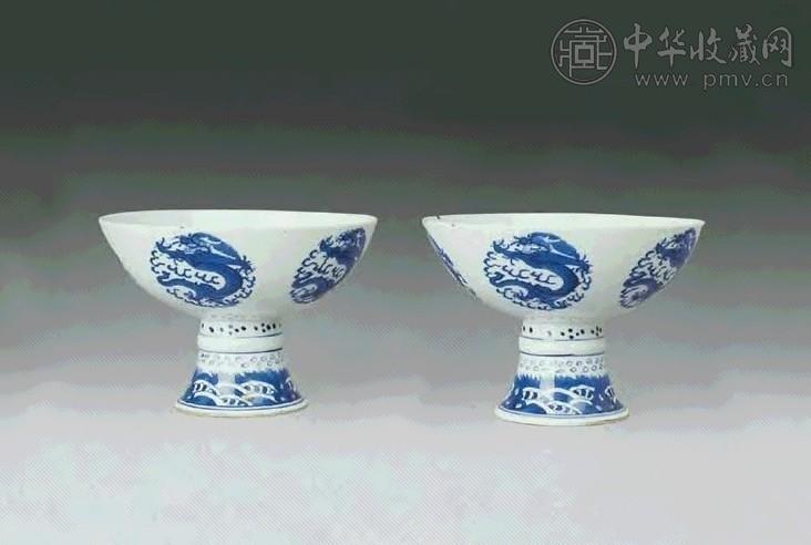 清道光 青花龙纹高足盘(1对)