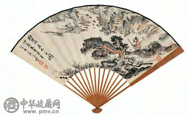 陆俨少 溪岸策杖夏趣图 成扇 设色笺本