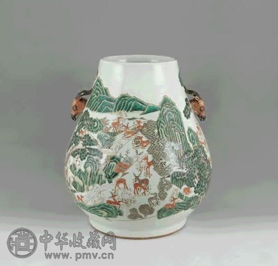 清 粉彩百鹿纹鹿头尊