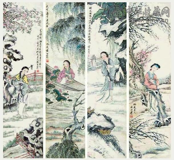 黄山寿 人物 四屏 设色纸本