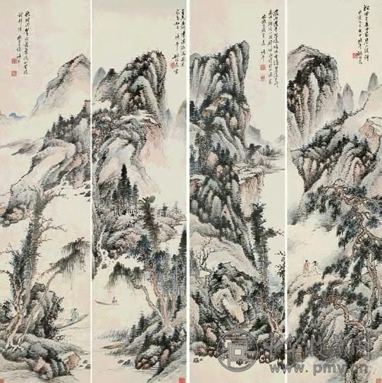 姚锺葆 山水 四屏 设色纸本