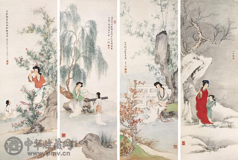 晏少翔 仕女 四屏 设色纸本