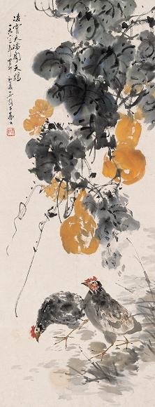 吴弗之 双鸡 立轴 设色纸本