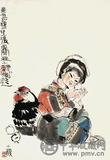 程十发 爱雏图 立轴 设色纸本