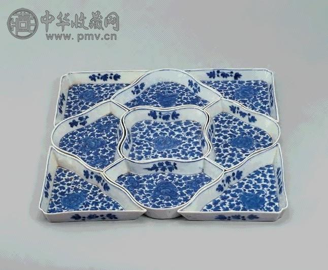 清 青花花卉纹九子果盘 一套九件