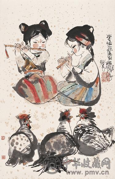 程十发 吹笛少女 镜心 设色纸本