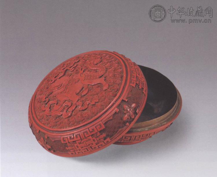 清中期 雕漆狮纹圆盒