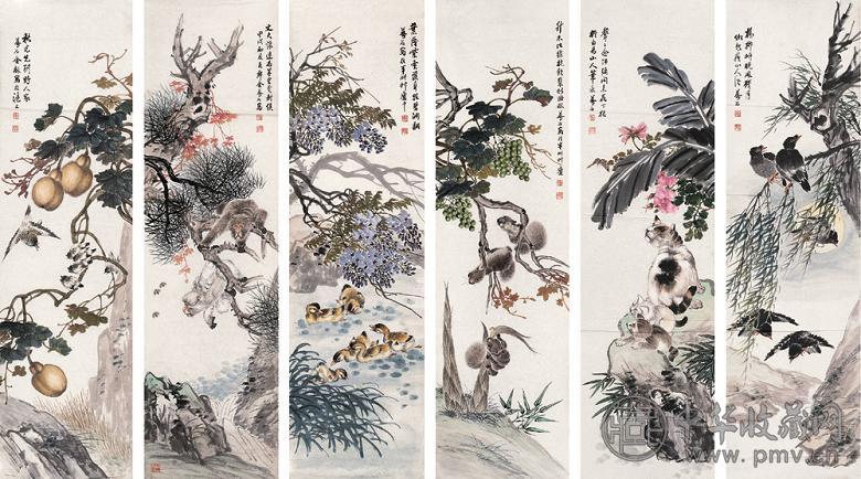 金梦石 花鸟 六屏 纸本