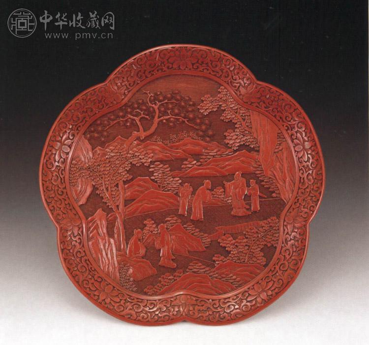 清中期 雕漆松下人物花口盘