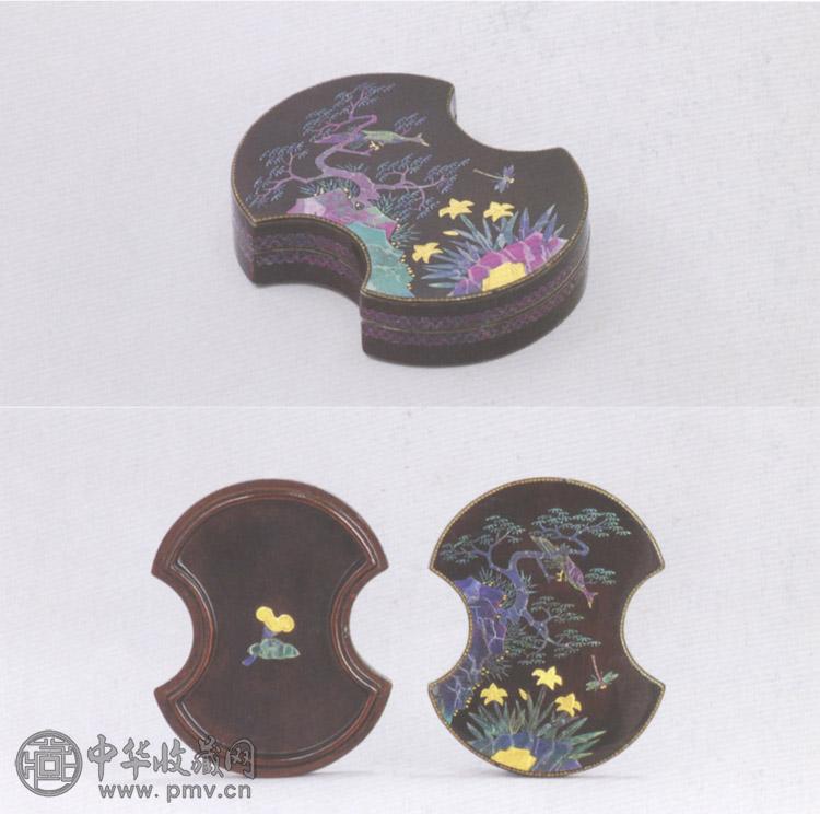 清 黑漆嵌镙钿花鸟纹银锭形盖盒