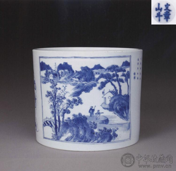 清康熙 青花人物诗文笔筒