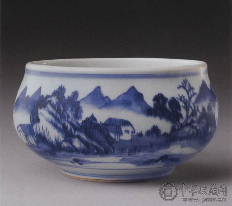 清雍正 青花山水人物图钵