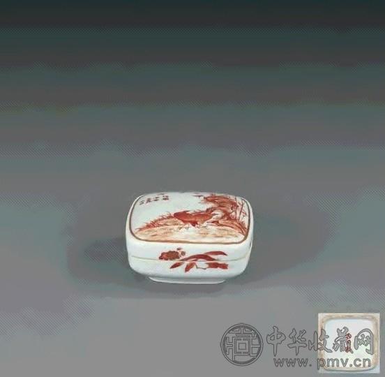 民国 矾红竹报平安图四方印泥盒