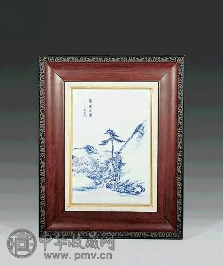 清光绪 程门作青花山水瓷板