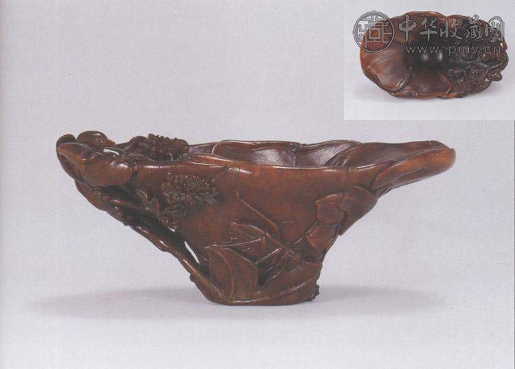 清乾隆 犀角雕草虫花鸟图杯