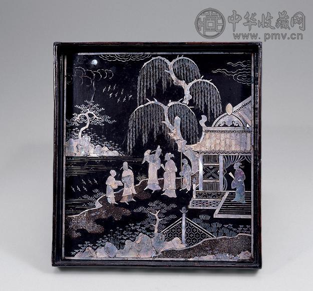 明 黑漆嵌螺钿庭院人物图盘
