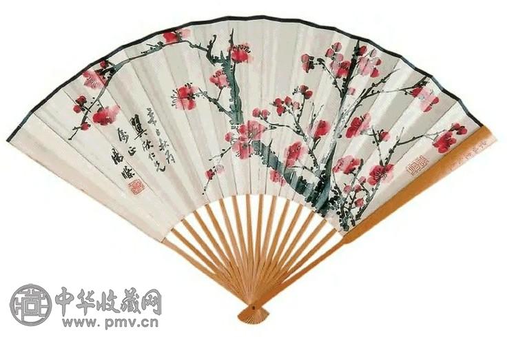 汤定之 红梅、书法 成扇 设色纸本