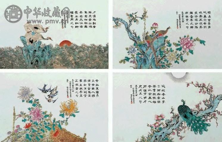 民国 粉彩四季花鸟纹瓷板(1套)
