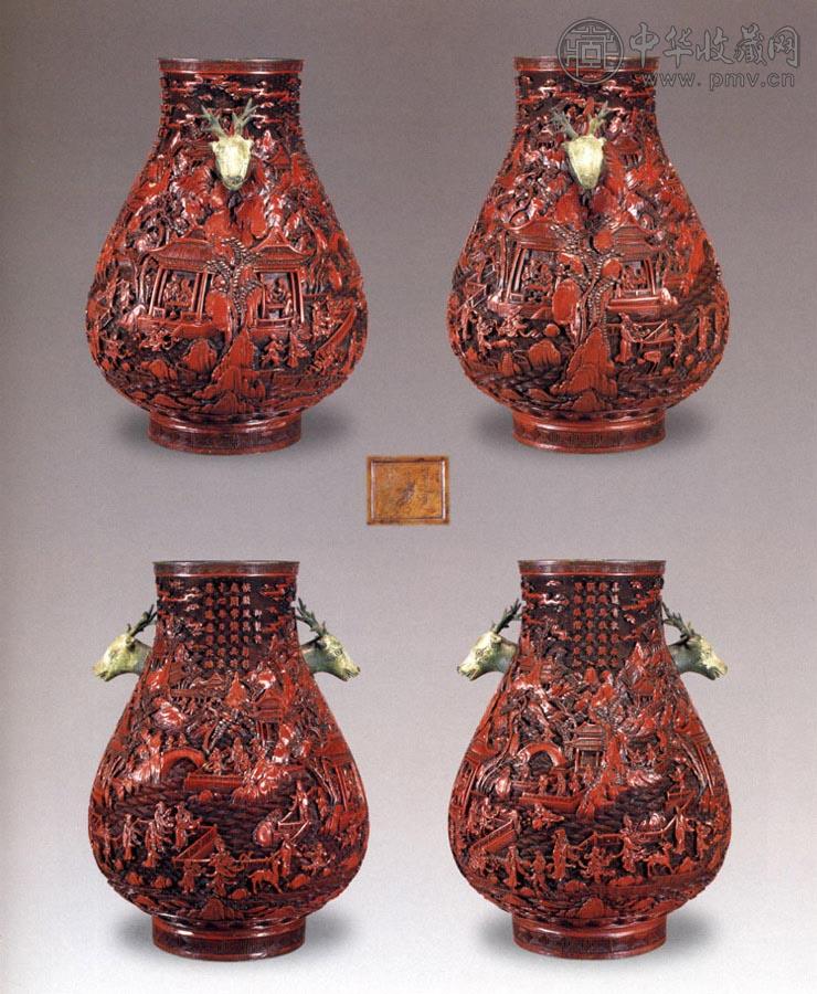 清 雕漆御题诗山水人物鹿头尊