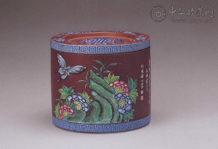 清中期 紫砂加彩花蝶图蟋蟀罐