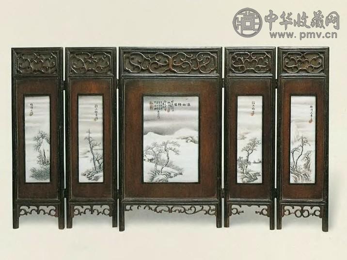 民国 何许人绘墨彩溪山积雪图瓷板屏风