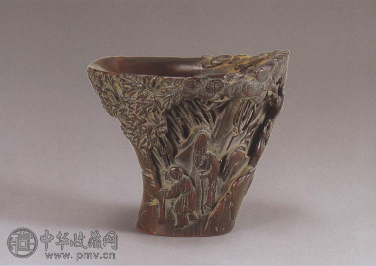 清初 犀角松竹人物杯