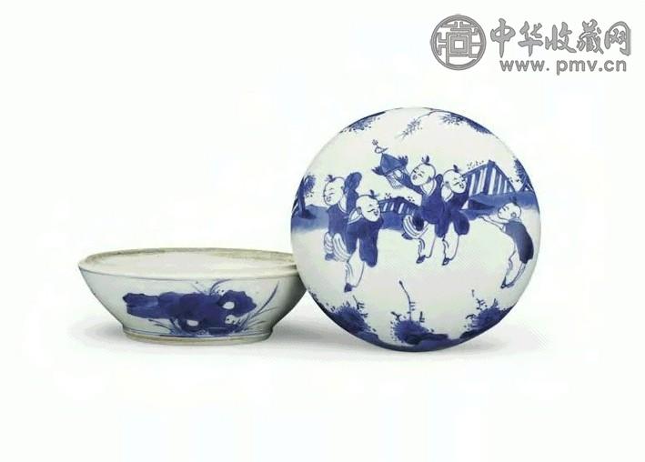 清 康熙 青花五子魁印盒